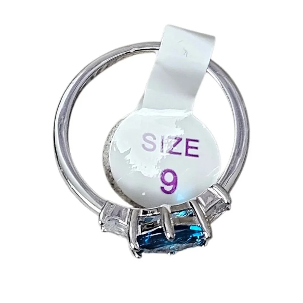 Silver Tone London Blue Topaz Hexagon Diamante CZ Ring New Size 9